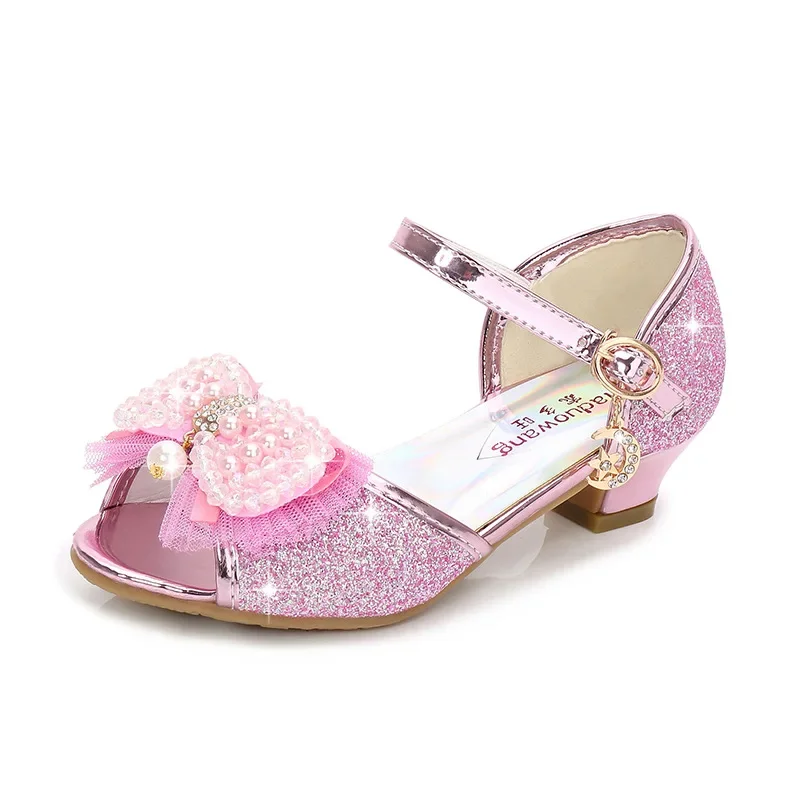 

New 2024 Summer Girls High-heeled Sandals Princess Cute Fashion Bow School Students Crystals Rhinestones Party Children Sandals