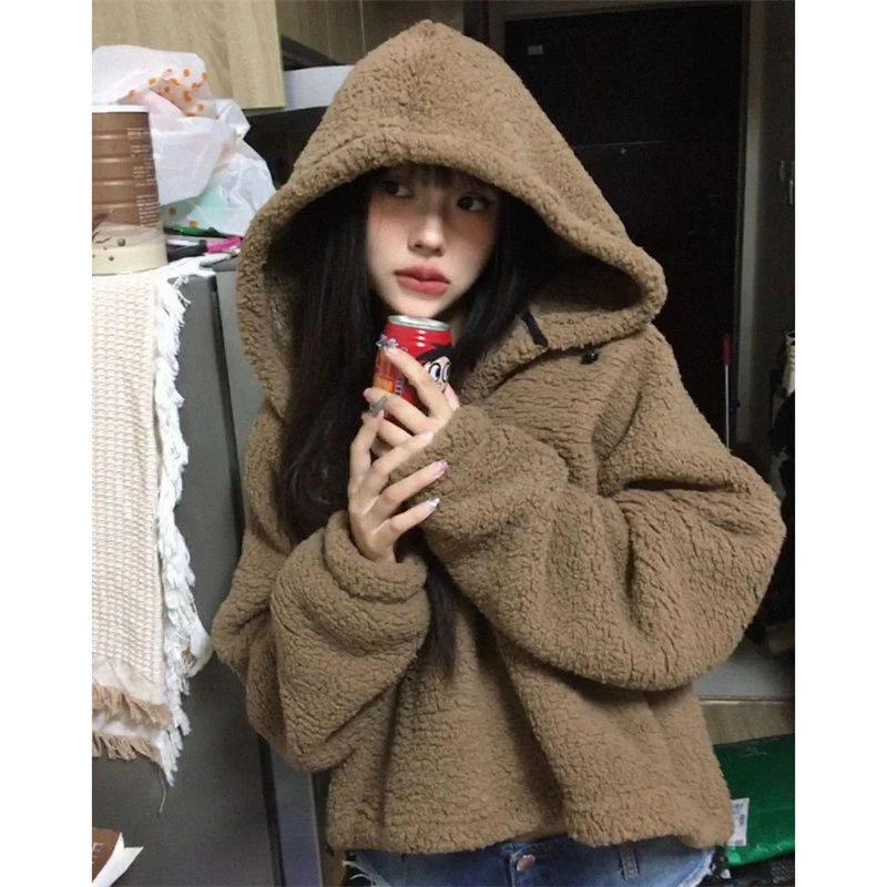 Lamb cashmere Womens Clothing Vintage Street Sweatshirt Hooded Baggy Y2K Pullover Long Sleeves Warm Oversize Baggy Ladies Tops