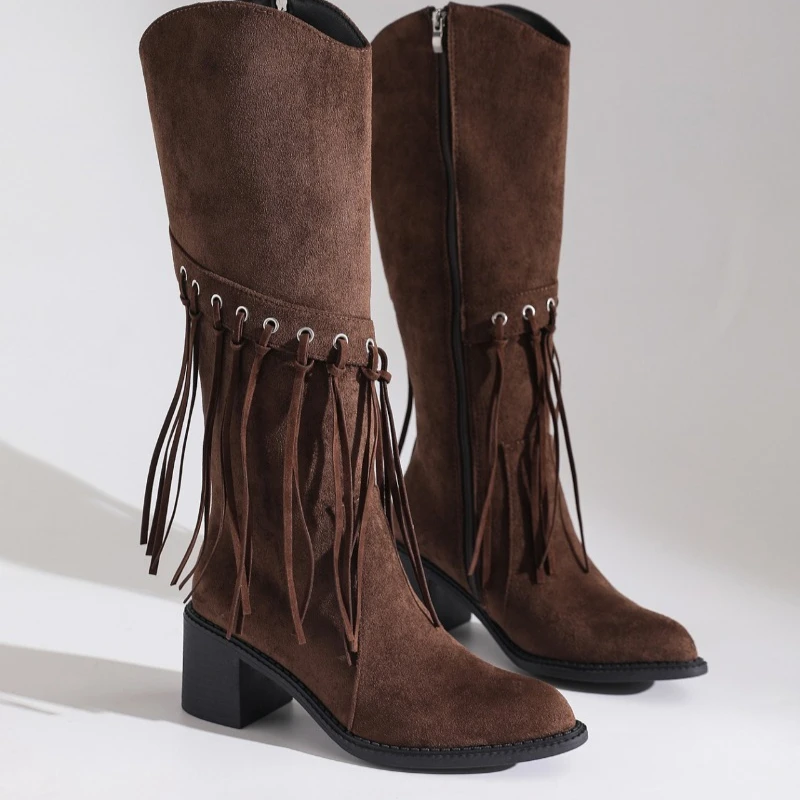 

Women's Fringe Brown Boots Side Zipper Retro Long Boots Suede Knee High Plus Size 36-43 Autumn Chunky High Heel Bottes Femmes