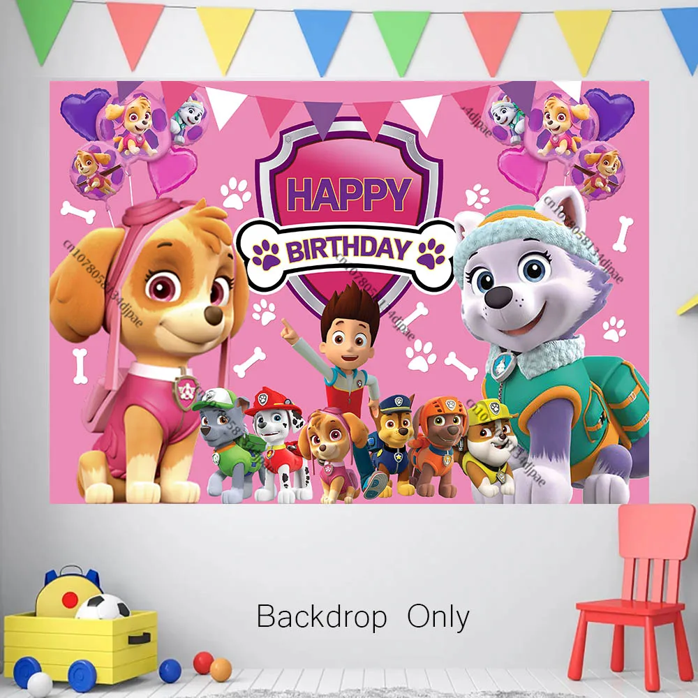 Aangepaste Achtergrond Skye Everest Paw Patrol Party Achtergrond Voor Meisje 1e Verjaardag Roze Puppy Hond Foto Banner Decor Leverancier