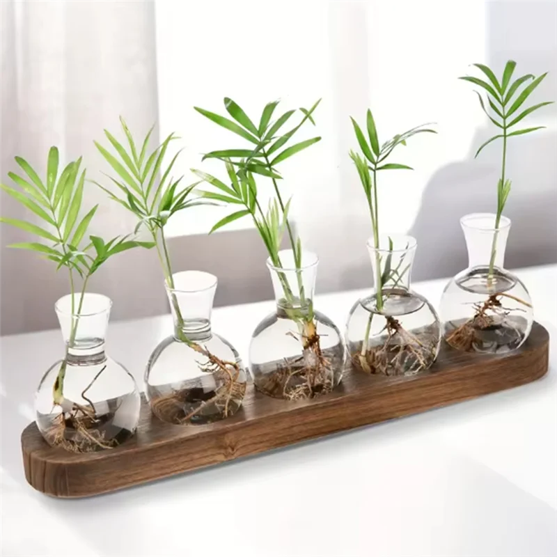 

ABAE-Plant Terrarium Glass Vase Modern Transparent With Wooden Tray, Indoor Desktop Decor
