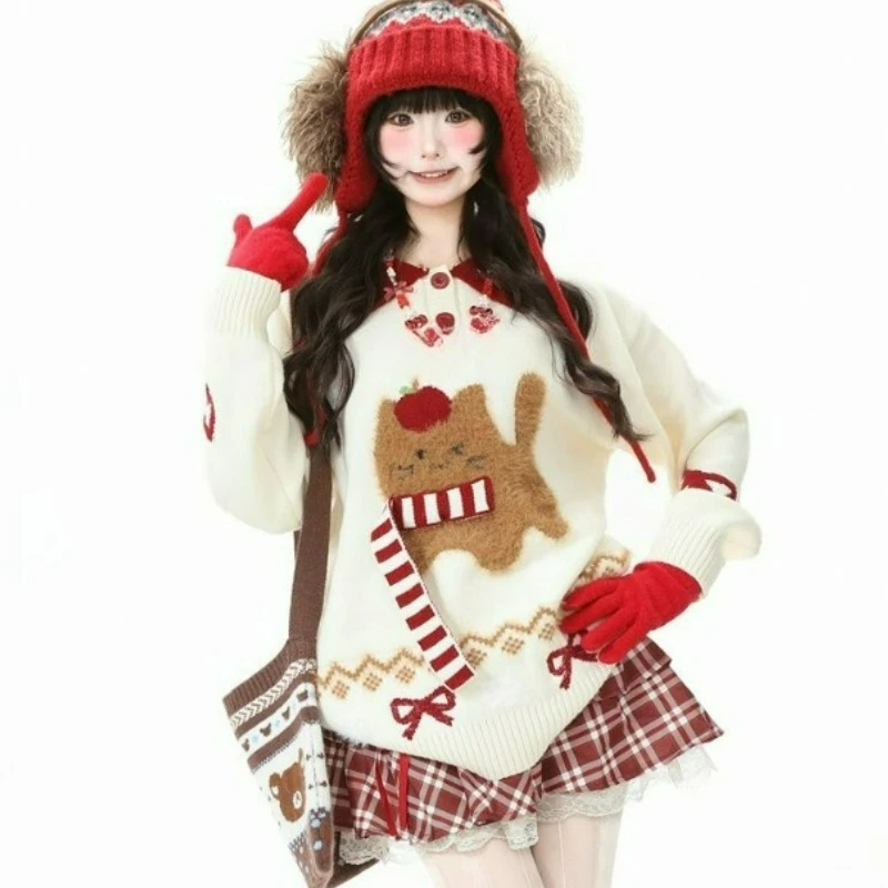 Świąteczny czerwony sweter z dzianiny z nadrukiem kotka dla kobiet, nowy styl jesień/zima 2026, modny, słodki, uroczy, luźny, swobodny top