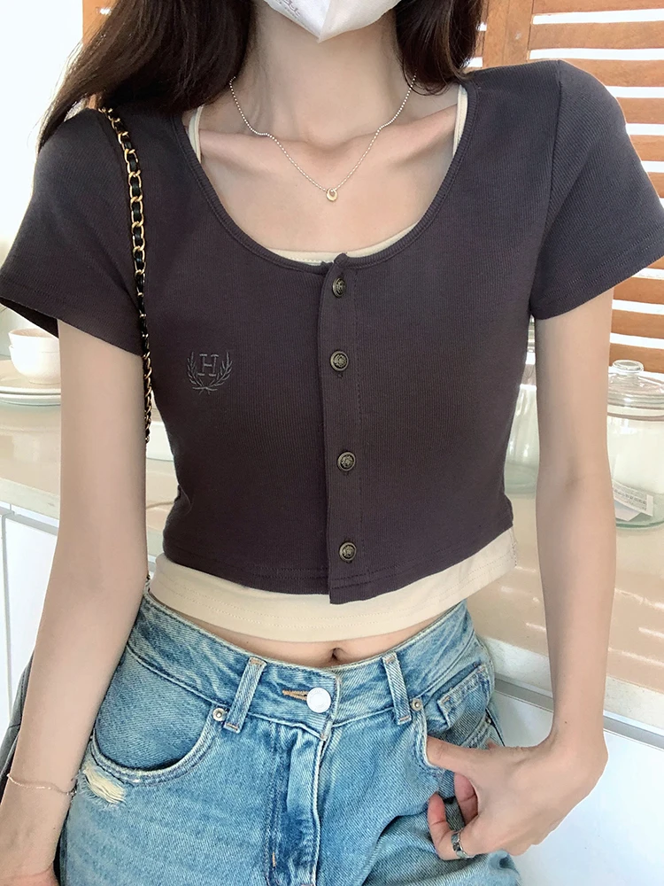 

Summer New Fake Two Piece Color Block Shoulder Short Sleeve T-shirt Sweet High Waist Short Fit Top