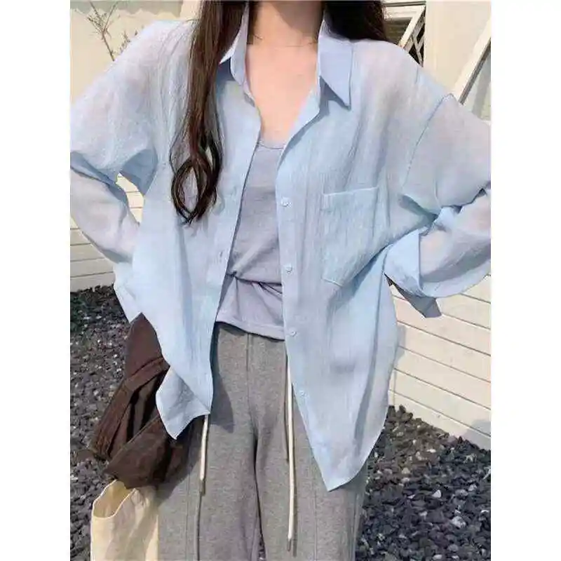 قميص صيفي نسائي من الحرير الثلجي للوقاية من الشمس، قميص رقيق من التنسل والقطن بأكمام طويلة وياقة بولو، كارديجان مفتوح بوظيفة ... #5