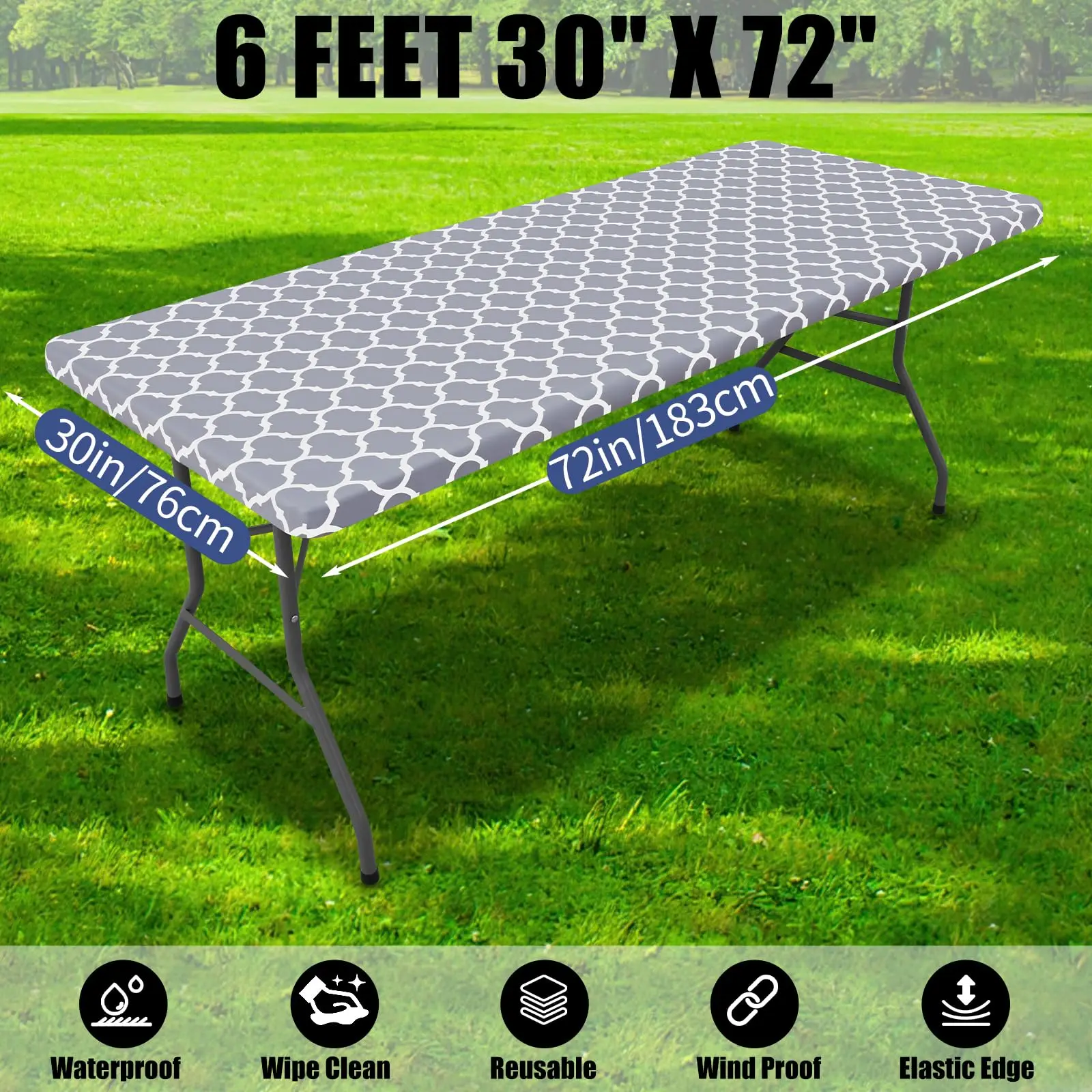 Polyester Elastic Fitted Tablecloth for 6FT Folding Table, Rectangle Cover for Outdoor Picnic Camping Party