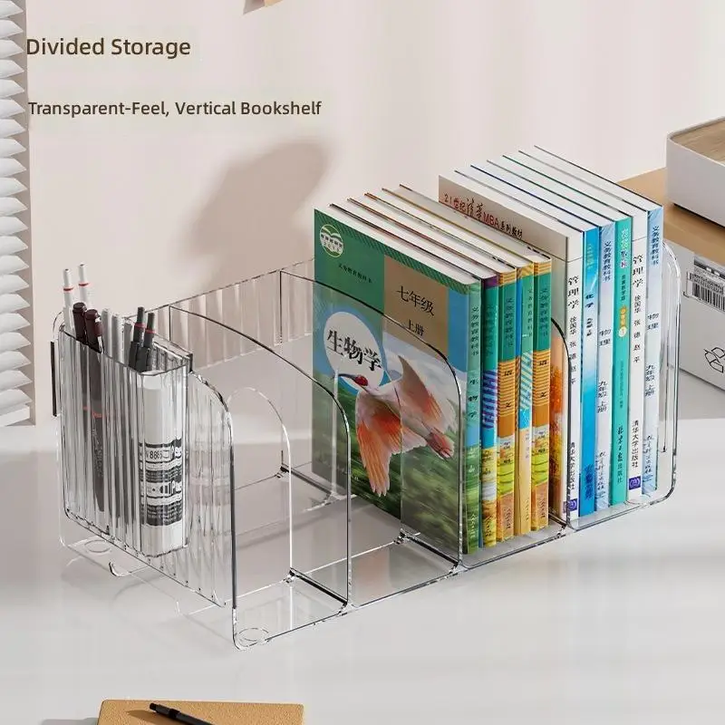 1pc Transparent Plastic Desktop Bookend Shelf Storage Box with Acrylic Pen Holder Rack for Study And Office Use