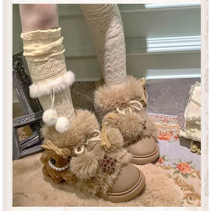 

Pinkyo Original Light Brown Teddy Bear Imitation Lamb Fur Round Toe Boots Lolita Sweet Retro Thick Warm Snow Boots