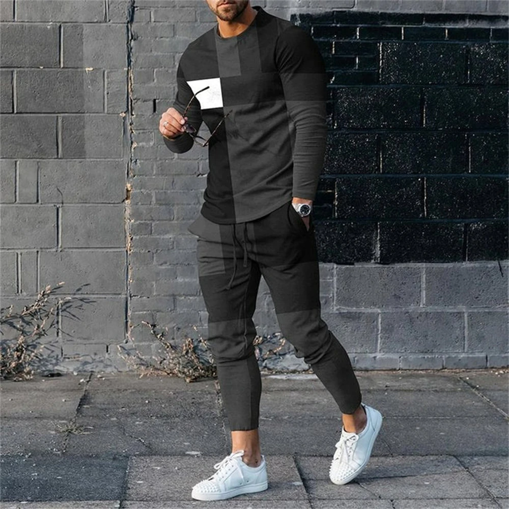 Men Spring And Autumn Vintage Tracksuit Casual long Sleeve T-Shirt+Pants Suit two-Piece Set Man Clothing 2024 Street Sportswear