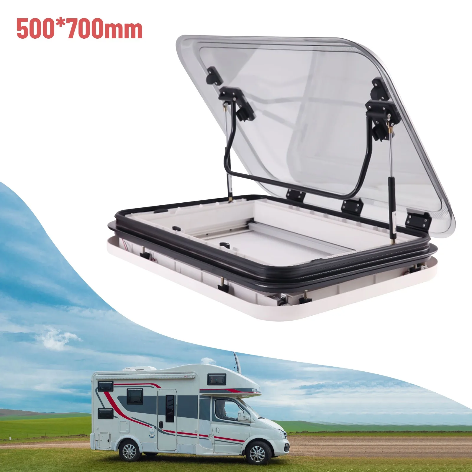

700x500mm RV Roof Vent With LED Light, 70° Opening, White - Skylight Parts with Insect Screen & Sunshade for Campers & Trailers