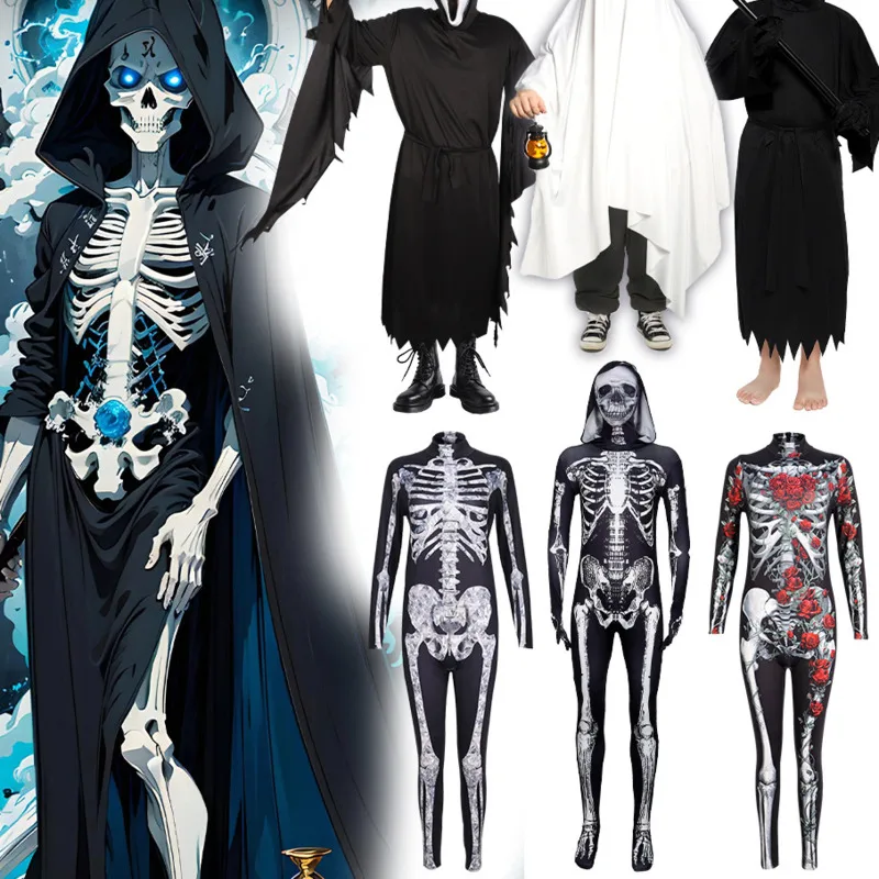 

Skeleton Jumpsuit Halloween Costume Cosplay Skeleton Cannibal Flower Ghost Death God Costume Children's Adult Skeleton Jumpsuit