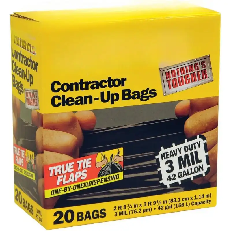 HK42WC020B 42-Gallon Polyethylene Resin Contractor Clean-Up Bags, 20 Count, 2 ft 8.75in L x 3 ft 9.13 in W x 3 mil T, Black