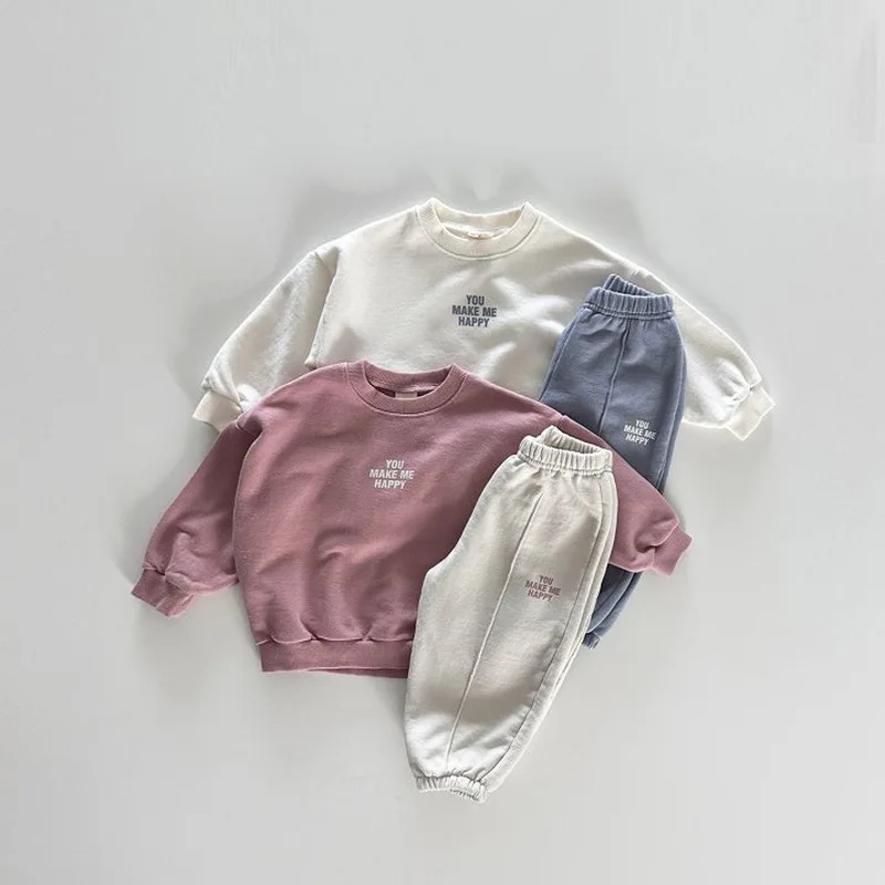 Kids 2Pcs Casual Outfit Simple Text Print Crew Neck Sweatshirt & Jogger Pants Boys Girls Tracksuit