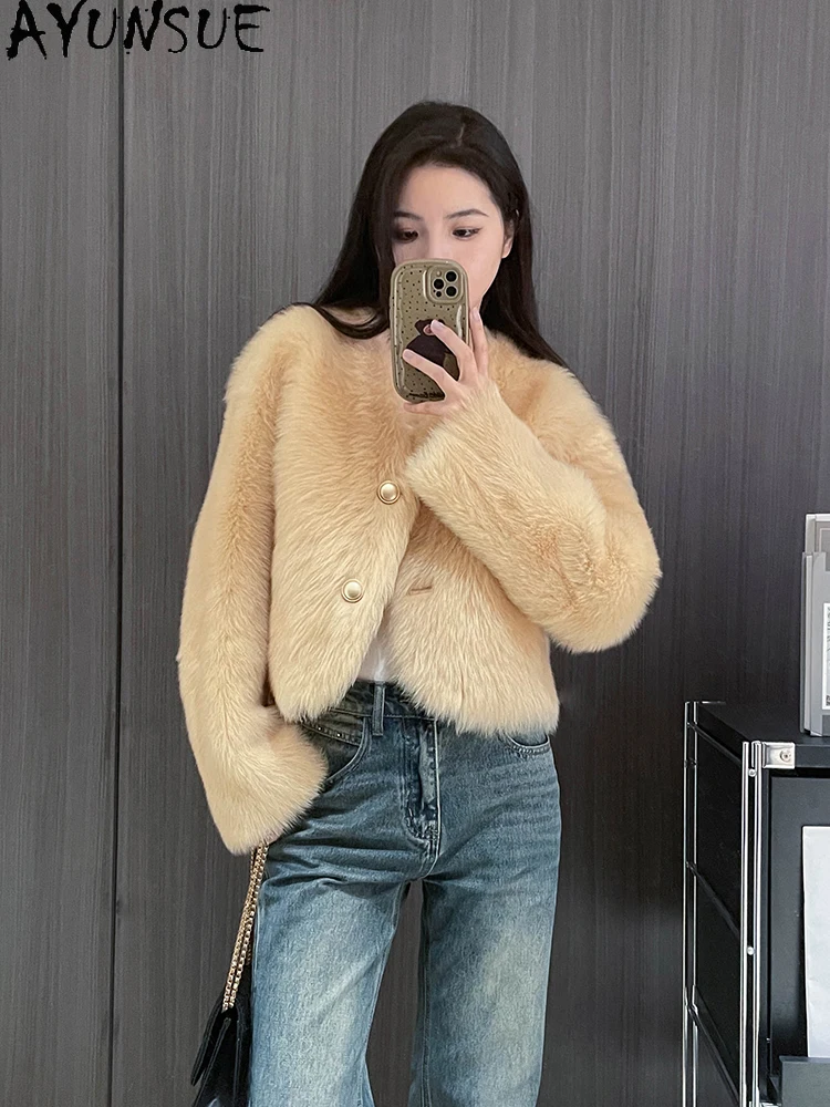 AYUNSUE 2025 Herfst Winter Shearling Jas Vrouw Luxe Korte 100% Natuurlijke Wollen Bont Jas Vrouw Kleding V-hals Twitter • =)