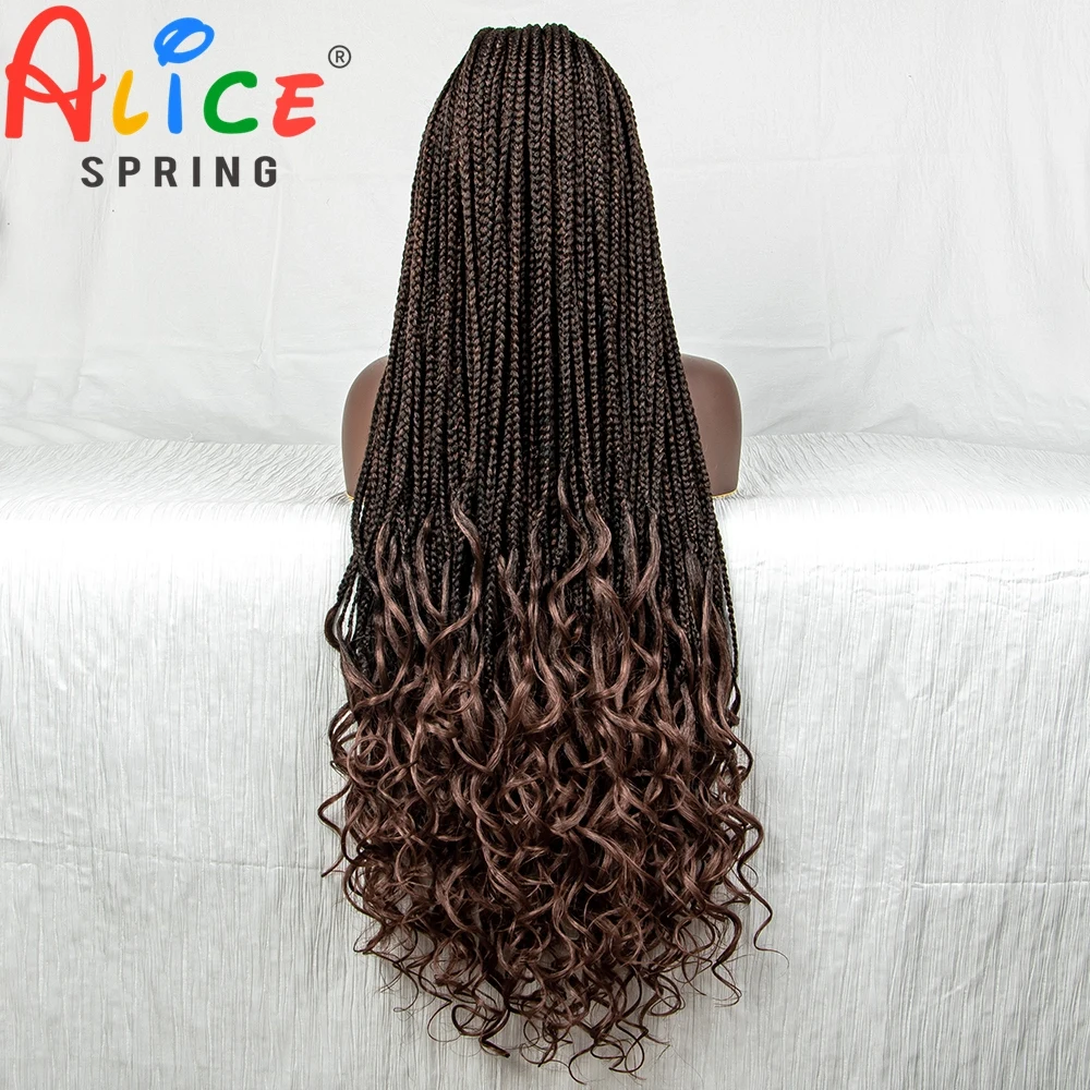 Peruca dianteira do laço trançado sintético para mulheres negras, trança de crochê, cabelo do bebê, sem nós, caixa trançada, 36 ", 1B-30