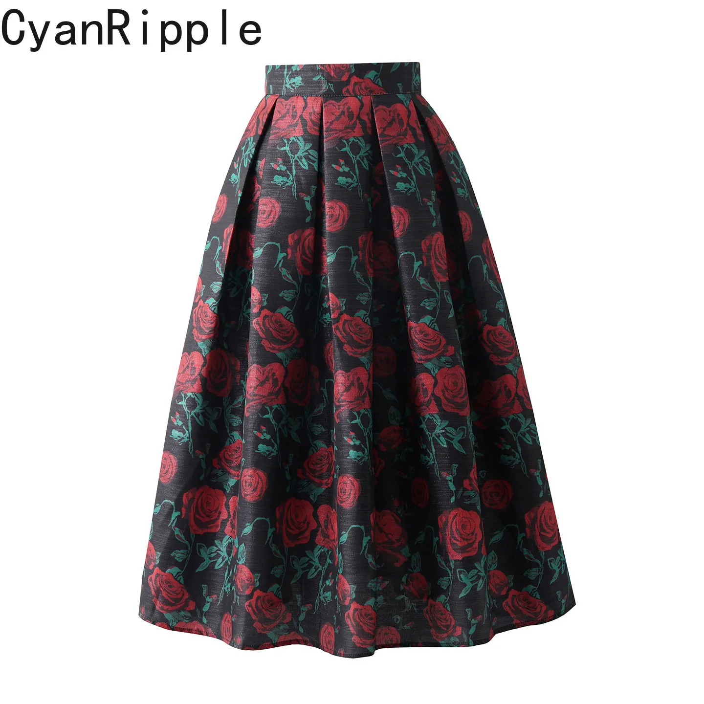 High Quality Vintage Flowers Printed Ultra Long Women A-line Skirt New Spring Summer Elegant High Waist Black Fluffy Skirts