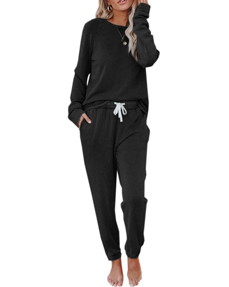 Women's Solid Sweatsuit Set 2 Piece Long Sleeve Pullover and Drawstring Sweatpants Sport Outfits Sets