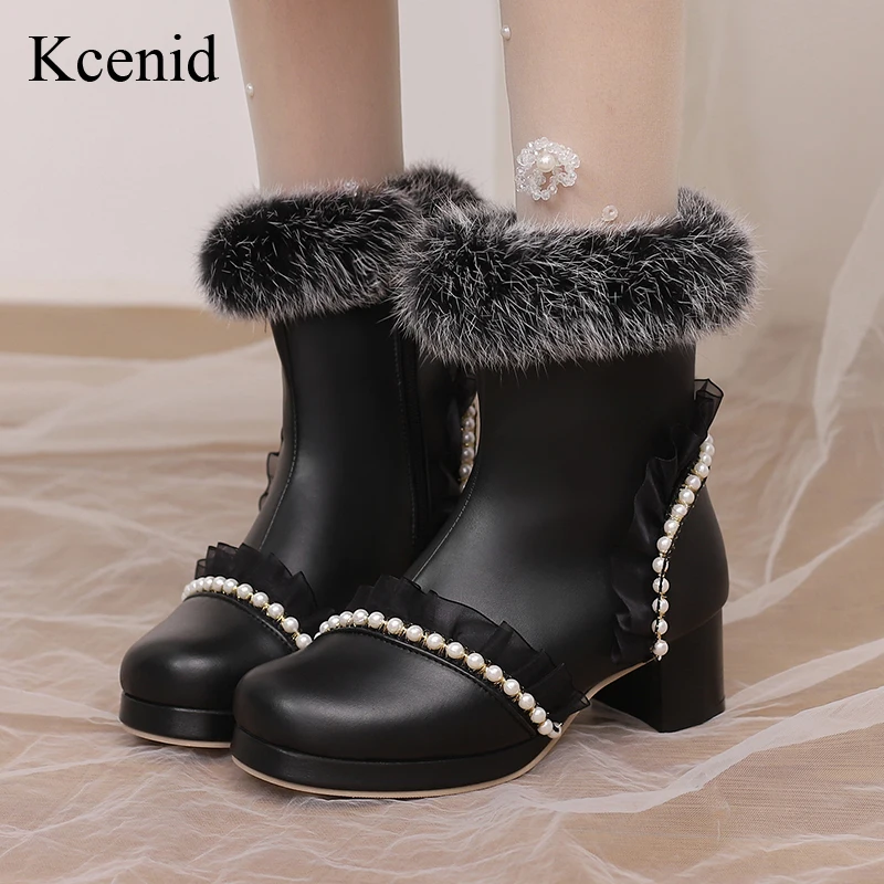 

Kcenid New Sweet Shoes for Women Fashion Pearls Women's Boots Winter Round Toe Solid Plush Warm Block Heel Lolita Boots Zipper