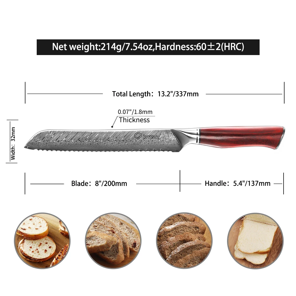 Sunnecko Bread Knife Damascus Steel VG10 8'' inch Kitchen Chef Baking Carving Slicing Toast Cookies Dessert Tool Accessory