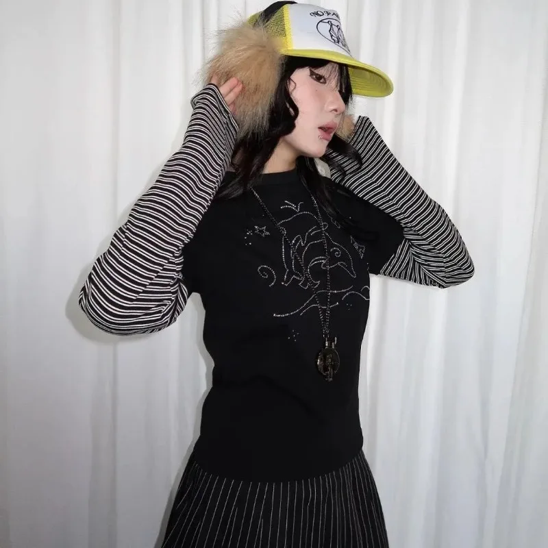 Women American Vintage Rhinestone Fake Two Piece Long Sleeve T Shirt Striped Slim Fit Short Casual Tops Autumn S 4XL