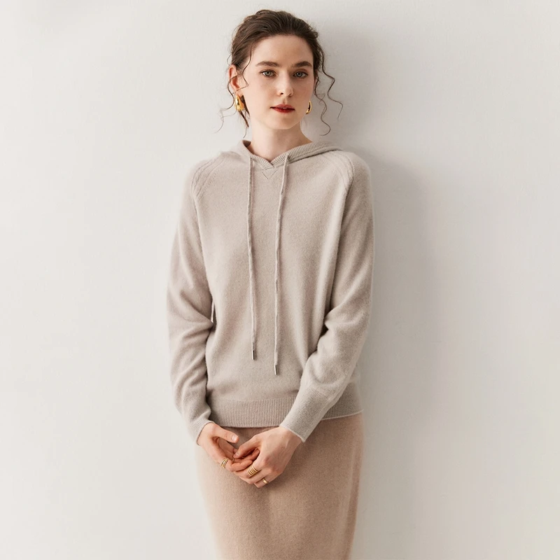 เสื้อฮู้ดแคชเมียร์ผู้หญิง 100% แคชเมียร์ เสื้อไหมพรมแบบสวมหัว สไตล์ลำลอง สำหรับฤดูใบไม้ผลิ ฤดูใบไม้ร่วง ฤดูหนาว เสื้อฮู้ดนุ่ม อุ่นสบาย