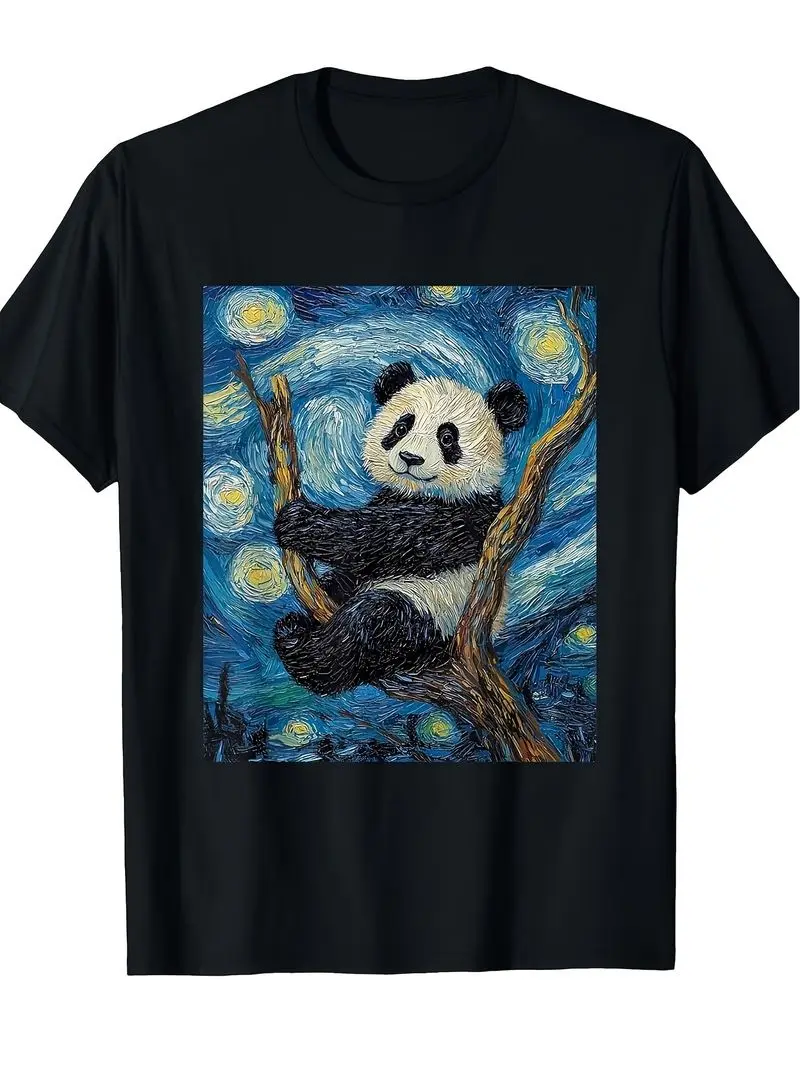 Cute Panda Bear Van Gogh Style Starry Night Graphic T Shirt For Men And Women 2026 Summer Short Sleeved Printed Vintage Pattern