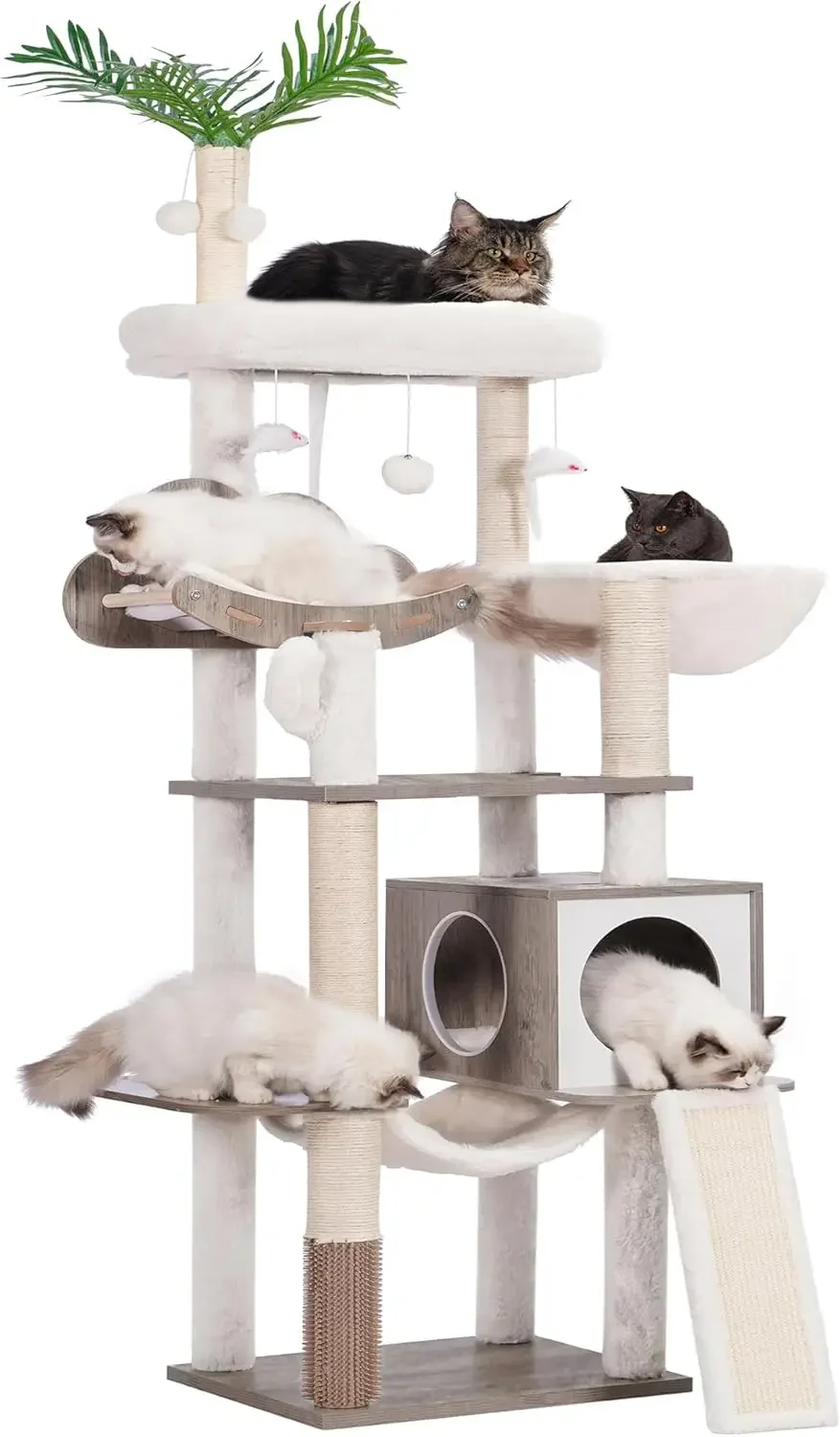 

Wood Cat Tree for Indoor Cats, Cat Condo for Large Cats with Self Groomer,Modern Cat Scratching Tower with Basket,Hammock