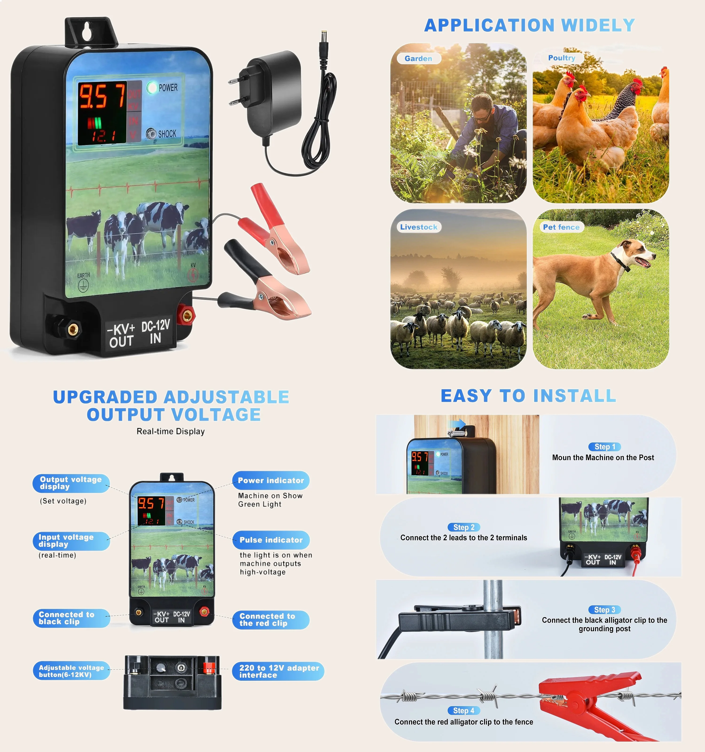 20KM Solar Electric Fence Energizer for Livestock Sheep Cattle Horse Poultry