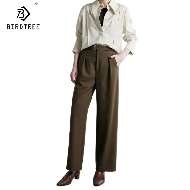 Birdtree-Wide Legs Women Pants, Contain Wool, Elastic Waist, Casual Long Trousers, 2024 Autumn Winter Commute Clothing B49931QM