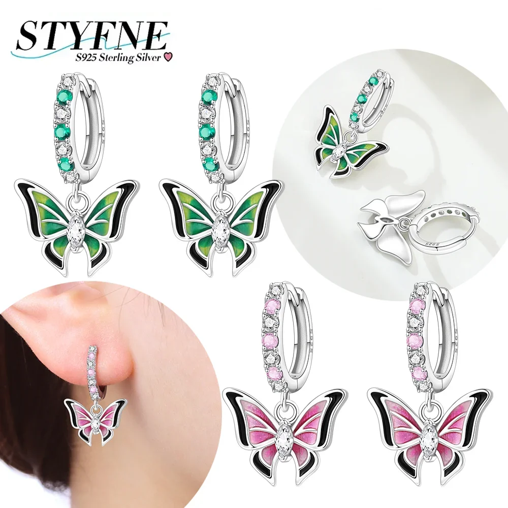 

Original 925 Silver Zircon Earrings Green Pink Butterfly Hoop Earrings for Women Birthday Party Gifts Engagement Fine Jewelry