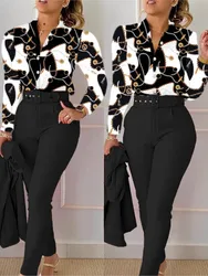 Conjuntos de traje de dos piezas con estampado elegante para mujer, camisa de manga larga con cuello en V, Top y pantalones largos con cinturón, trajes de trabajo para primavera y otoño