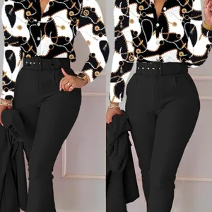 مجموعات بدلة أنيقة مطبوعة من قطعتين للنساء ربيع الخريف على شكل حرف V قميص طويل الأكمام أعلى وسراويل طويلة مع حزام ملابس العمل أفضل 12 مجموعة اجتماعية للمبيعات والبلوزات - No10