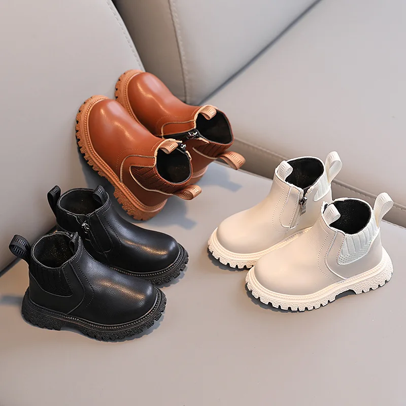 Kids'Boots Solid Color PU Leather Chain Zip Fashion  Autumn Shoes For Children Anti-slip Warm Black White Shoes Size 21-30