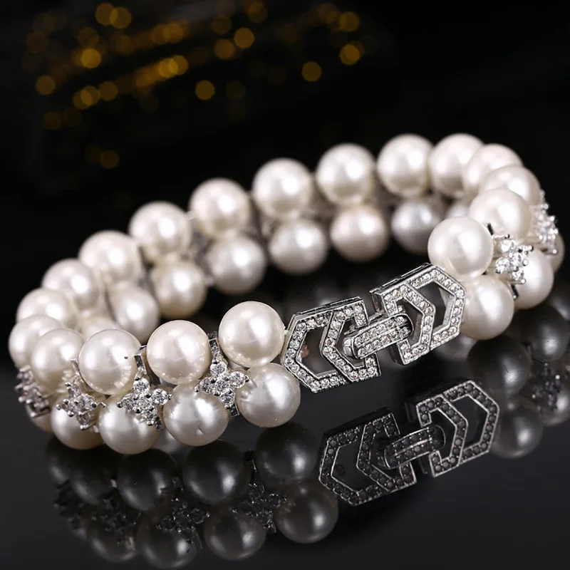

New Korean Style Natural Pearl Jewelry Micro Pave Zirconia Double Layer Bracelet Factory direct sales Jewelry Wholesale