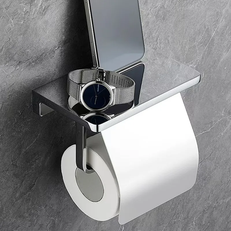 Wall Mount Toilet Paper Holder Phone Shelf Brass Stainless Steel Roll Rack Modern Bathroom Tissue Box Organizer Drilling Or