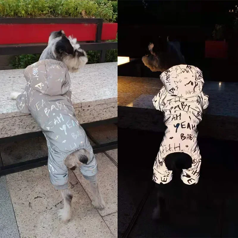 Reflective Clothing for Pets, Warm Letter Printing, Silver Color, Four-Legged Jumpsuits, Waterproof, Small and Medium Dog