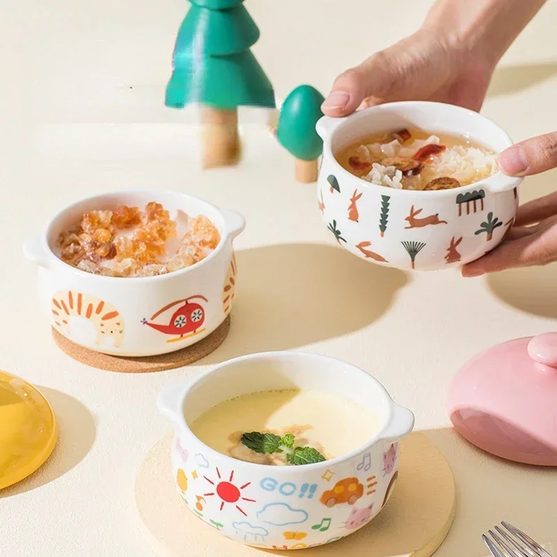 Cute Cartoon Steamed Egg Bowl – Mengqu Ceramic Bowls with Cover, Double Ear Baby Food Bowl for Supplementary Feeding