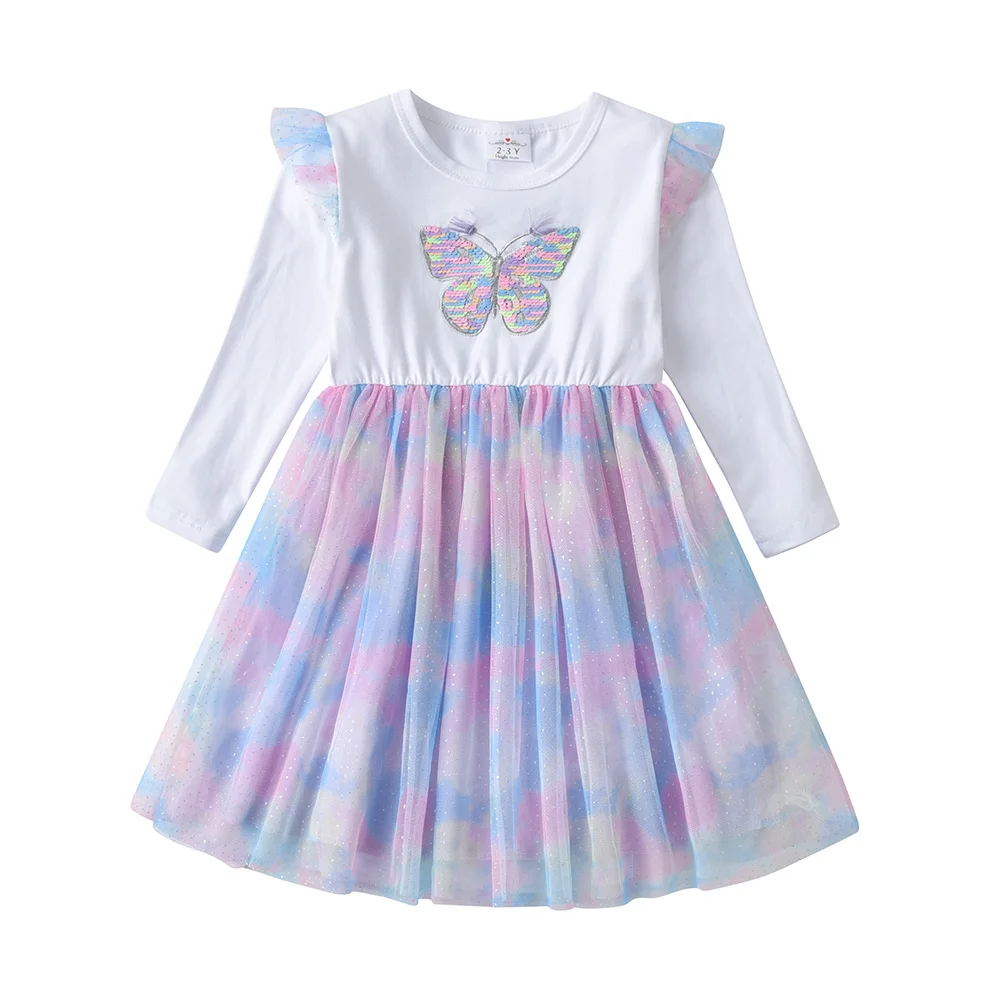 VIKITA Girls Long Sleeve Autumn Spring Dresses Kids Colorful Butterfly Sequined Appliqued Glittery Gradient Princess Mesh Frocks