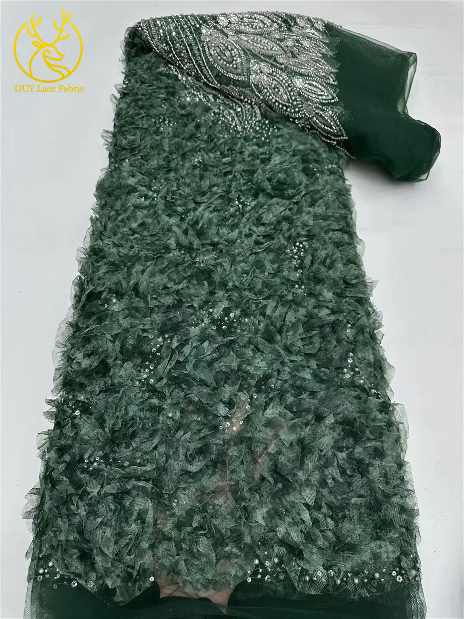 3D-grüner französischer Pailletten-Spitzenstoff mit Blumenmuster, 2026, hochwertiger afrikanischer Perlen-Spitzenstoff, ideal für Partykleider und Hochzeitskleider – Detail 17
