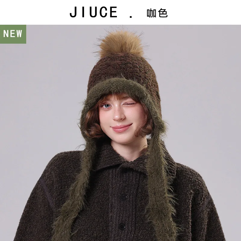 قبعة شتوية محبوكة أنيقة ودافئة مع بطانة من الصوف ولوحات للأذن، قبعة صوف عصرية فريدة من نوعها للطقس البارد #4