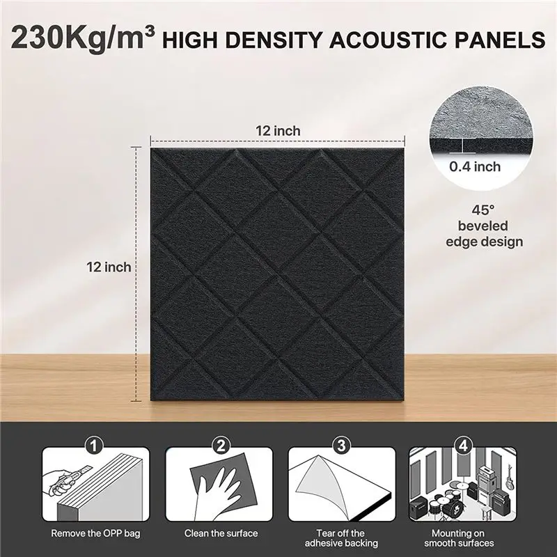 

Модные 12 упаковок звукоизоляционных стеновых панелей, 12x12x0,4 дюйма, самоклеящиеся звукопоглощающие панели, для студии звукозаписи, офиса, черные