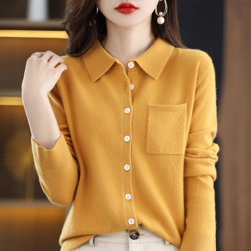 LHZSYY 100% Wool 2022 Spring and Autumn New Polo Neck Wool Knitted Cardigan Top Women\'s Style Loose With Pocket Sweater Coat