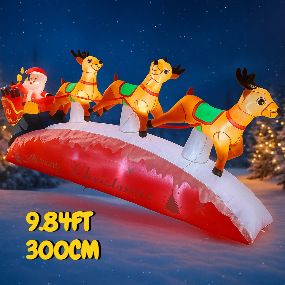 

10.17FT Inflatable Toy Santa Claus Sleigh Reindeer LED Lit Festive Gift Christmas Home Ornament Xmas Yard Party Decoration