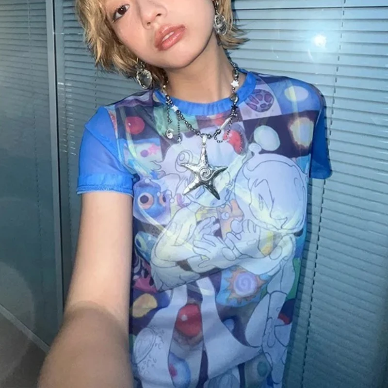 Koreanisches Y2k Anime Print T-Shirt 2000er Jahre Vintage Kurzarm Mesh Top Ästhetik Dreamcore Blue Sheer Top E-Girl Harajuku