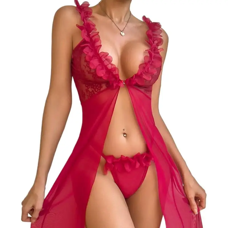 Pijama de malla transparente roja con tirantes, lencería sexy para mujer, vestido largo con escote en V profundo, conjunto de babydoll, ropa de dormir, disfraces eróticos