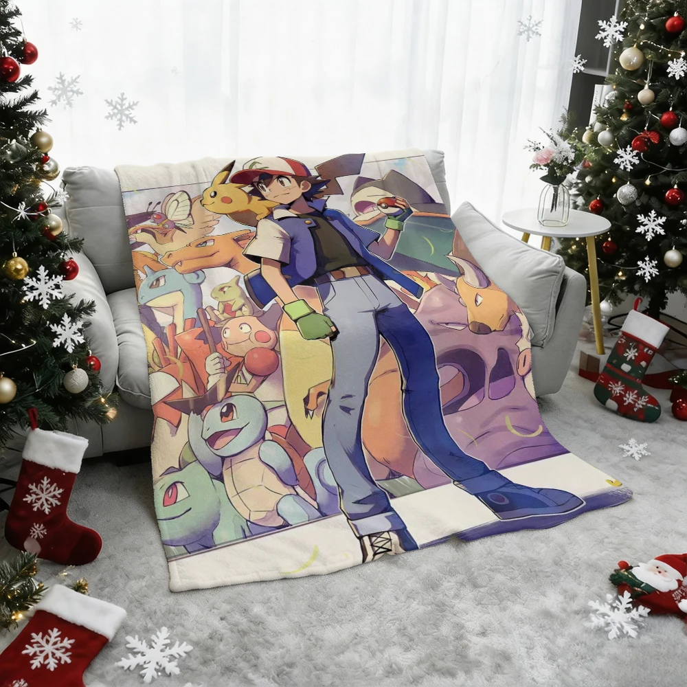 Pokemon Ash Pikachu Squirtle Bulbasaur Charizard Flannel Throw Blanket Soft Warm Cartoon Blanket for Sofa Bed Home Decor Kids Gi
