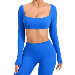 Casual Quick Dry Sportswear Women Square Neck Gym Top Women Fitness Sports Crop Top Female Long Sleeve Yoga Clothing Shirts