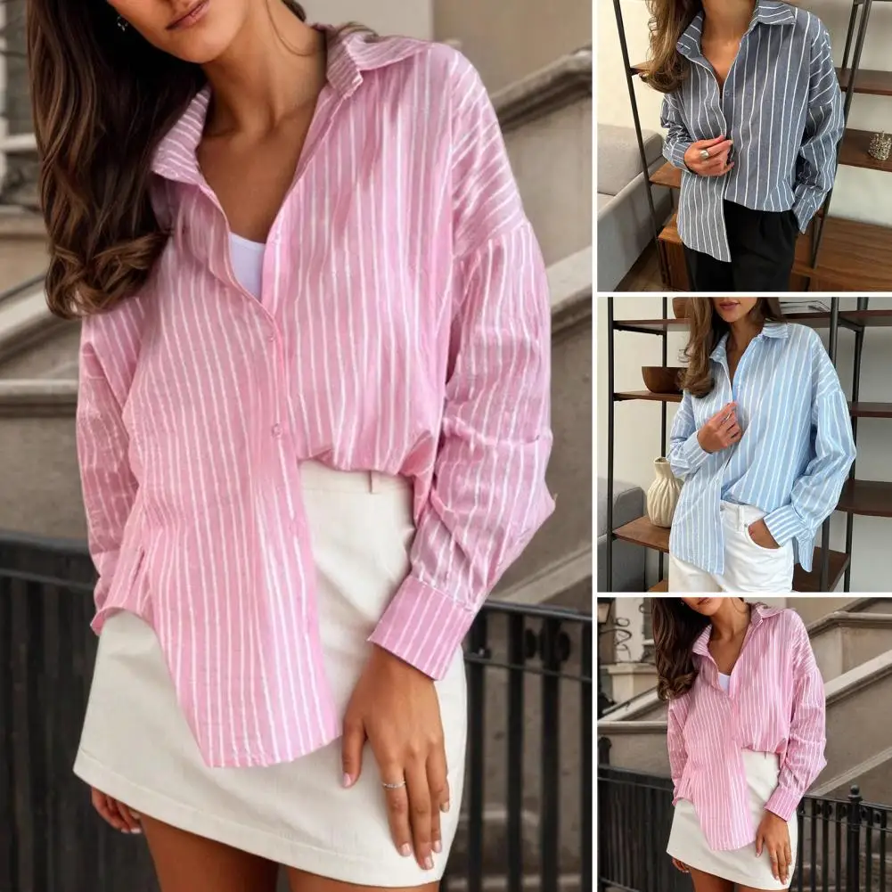 

Breathable Women Top Stylish Women's Lapel Long Sleeve Shirt Mid-length Loose Fit Top for Work Life Single Breasted Design Women