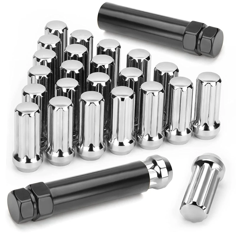 M14X1.5 Wheel Lug Nuts,24 Pieces 14Mmx1.5 7 Spline Drive Awl Acorn Cone Lug Nuts 2 Inch Long Black With 2 Socket Key