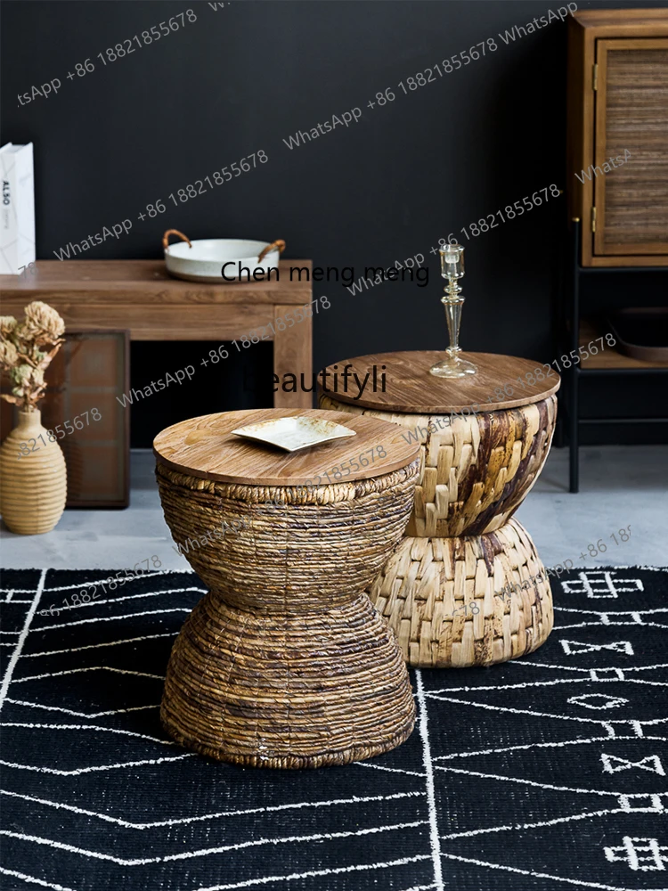 X المستوردة المنسوجة يدويا الروطان مقعد صغير القديم خشب الساج خشب متين الطعام البراز طاولة القهوة الصغيرة مقعد مستدير نمط جنوب شرق آسيا