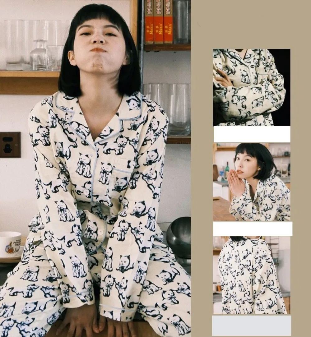 Cartoon Print Korean Kawaii Women Pajama Sets 2024 Spring Autumn New Fashion Sleepwear Classic Casual Plaid Lady Lounge Y2k